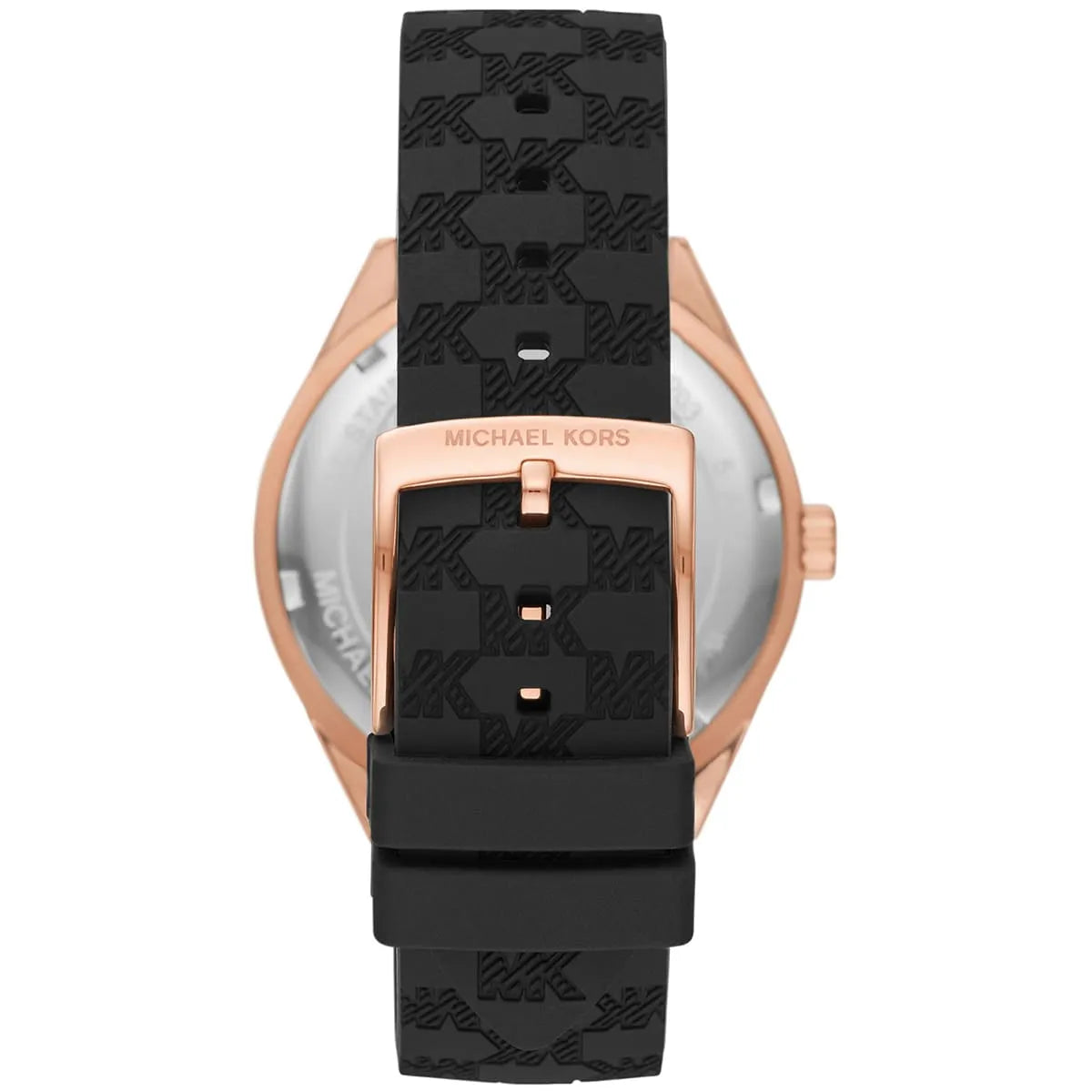 Caseback of Michael Kors Jessa MK7266 women's quartz battery watch showing technical specs black dial and rubber strap