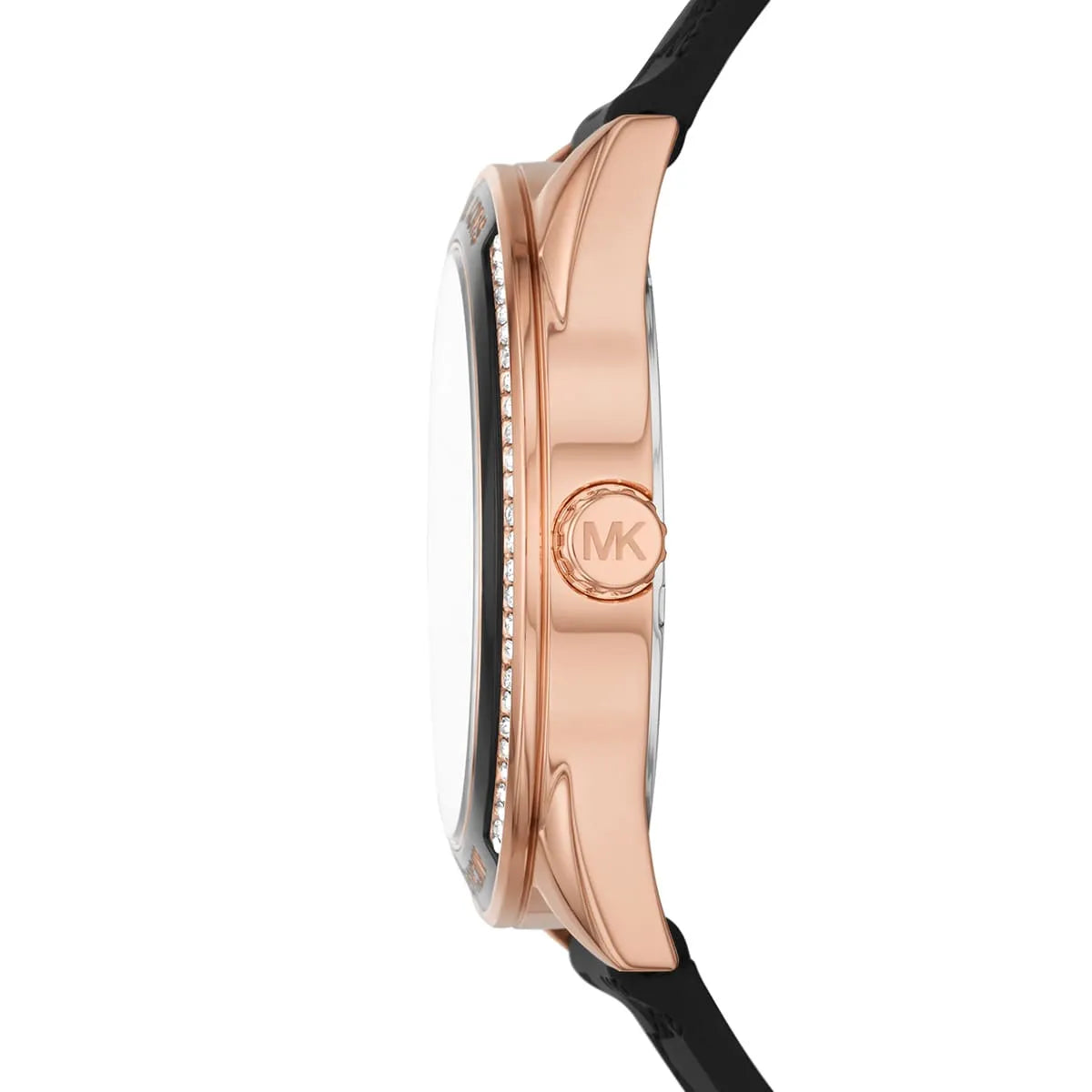 Detailed view of rose gold-tone crown on Michael Kors Jessa MK7266 women's quartz battery watch with black dial and rubber strap