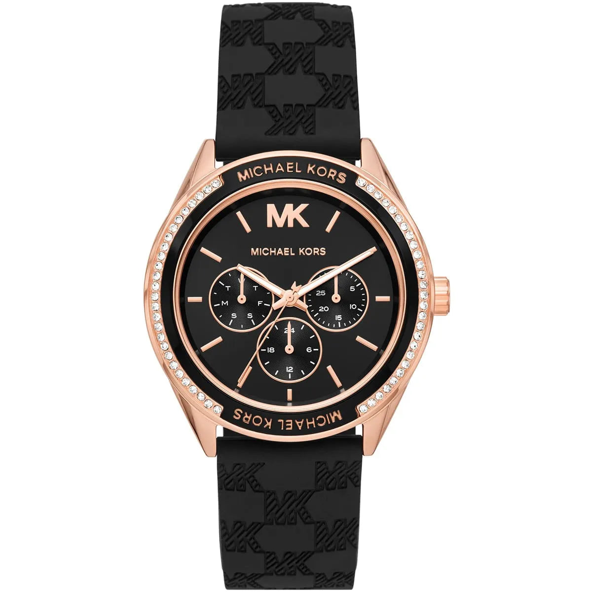 Michael Kors Jessa MK7266 women's quartz battery watch with black dial, crystal pavé bezel, rose gold-tone case, black rubber strap main view
