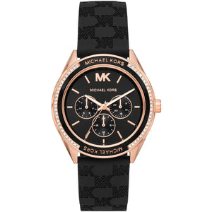 Michael Kors Jessa MK7266 women's quartz battery watch with black dial, crystal pavé bezel, rose gold-tone case, black rubber strap main view