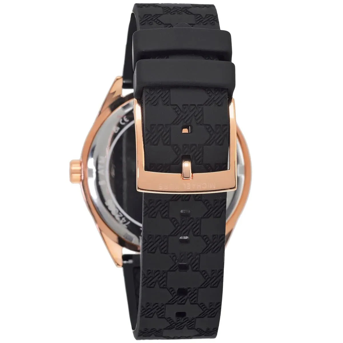 Rose gold-tone buckle clasp on Michael Kors Jessa MK7266 women's quartz battery black rubber strap watch