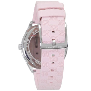 Detailed view of the pink rubber strap with embossed Michael Kors MK logo pattern for the Jessa watch
