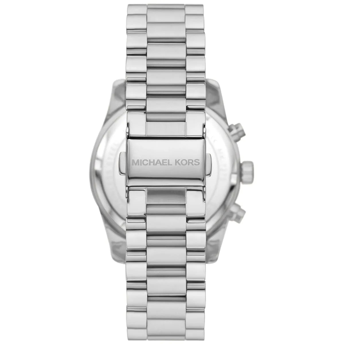 Caseback of Michael Kors Lexington MK7277 women's quartz battery watch showing technical specs blue dial and silver metal bracelet