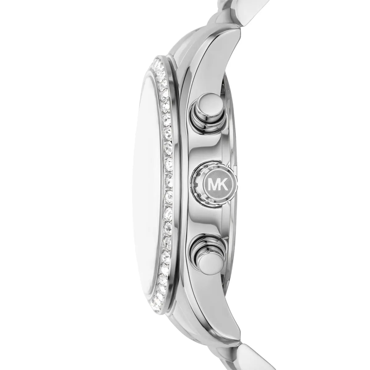 Detailed view of silver-tone crown and pushers on Michael Kors Lexington MK7277 women's quartz battery watch with blue dial