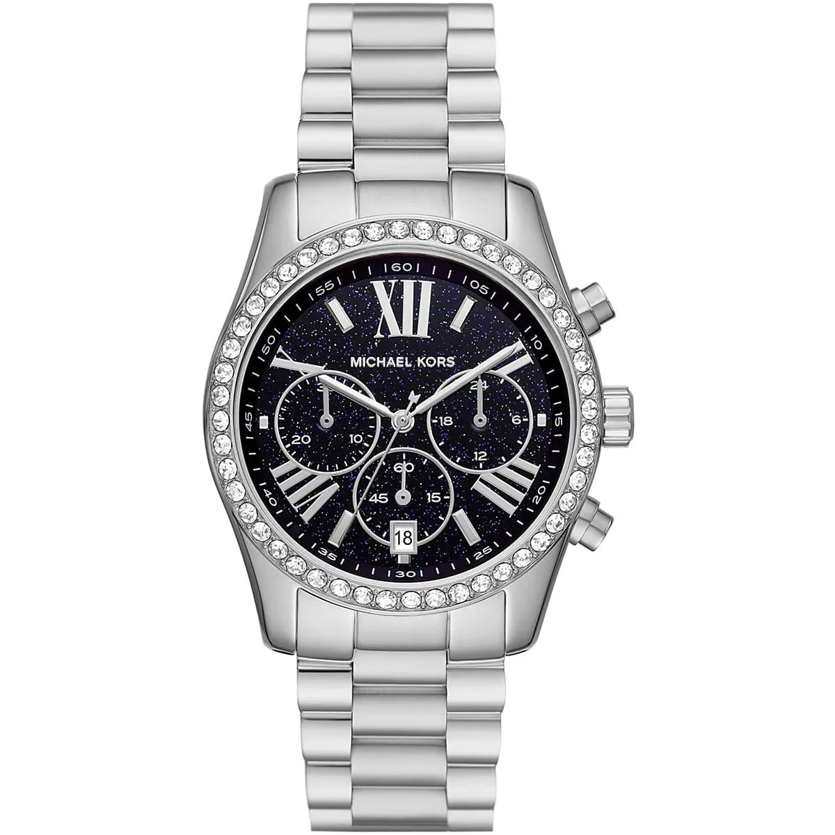 Michael Kors Lexington MK7277 women's quartz battery watch with blue glitter dial, crystal-encrusted bezel, silver stainless steel bracelet main view