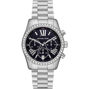 Michael Kors Lexington MK7277 women's quartz battery watch with blue glitter dial, crystal-encrusted bezel, silver stainless steel bracelet main view