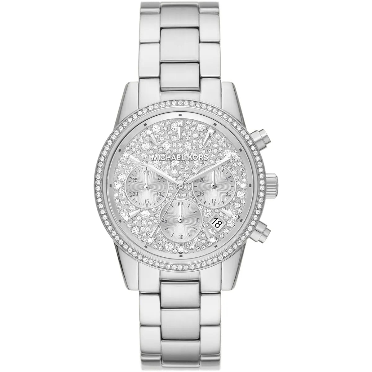 Michael Kors Ritz MK7301 women's chronograph watch - silver pave crystal dial silver steel strap
