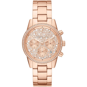 Michael Kors Ritz MK7302 women's quartz battery watch with full pavé crystal dial, rose gold-tone case, rose gold stainless steel bracelet main view