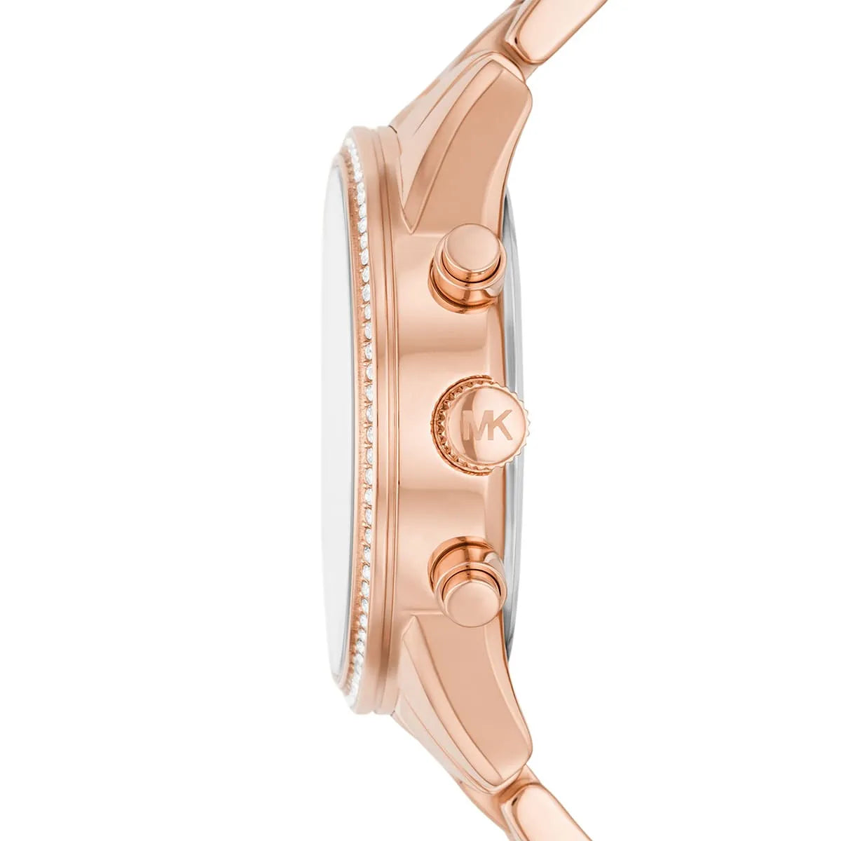 Side profile of Michael Kors Ritz MK7302 women's quartz battery watch showing 11mm thickness and rose gold finish