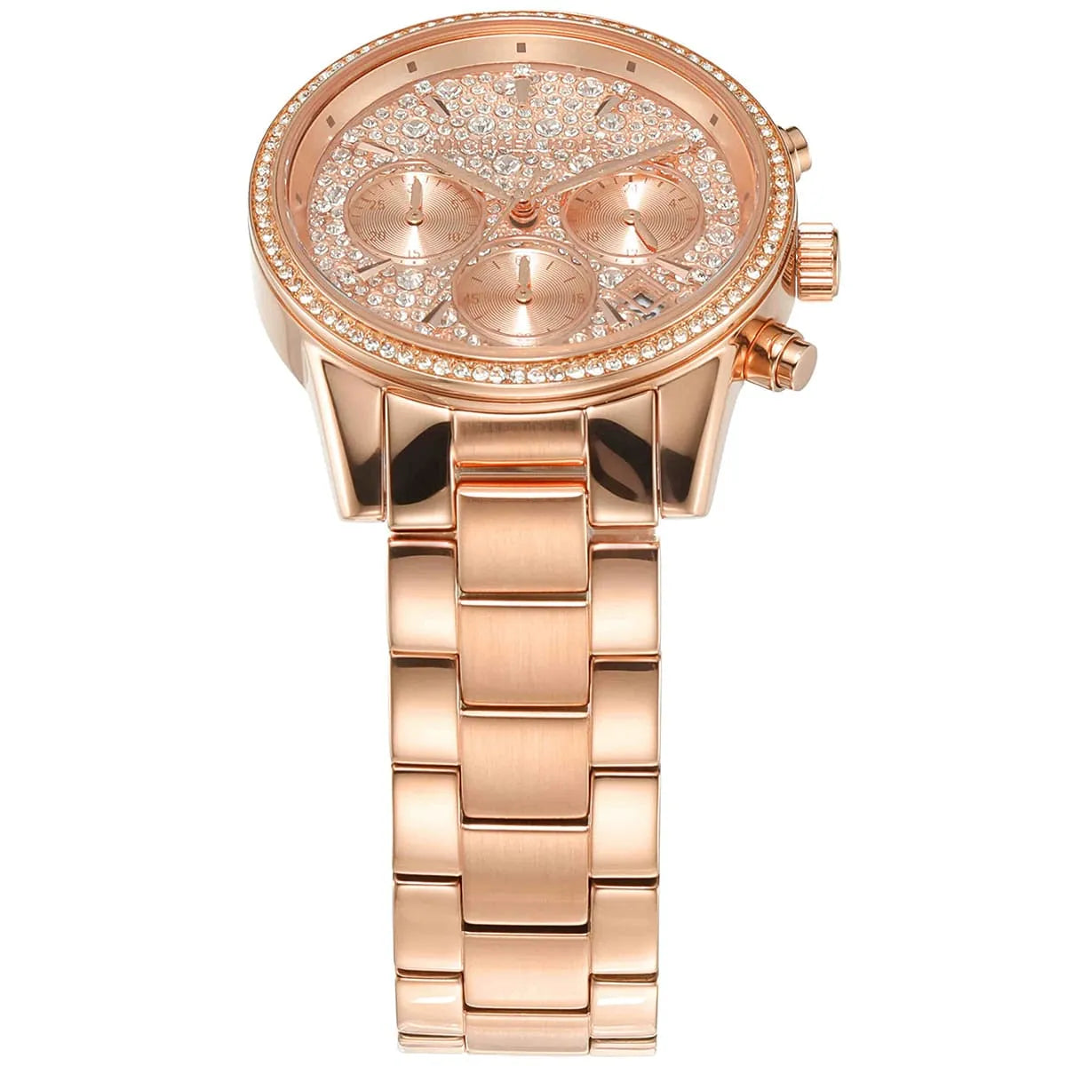 Left angled view of Michael Kors Ritz MK7302 women's quartz battery watch showing rose gold-tone stainless steel bracelet and case profile