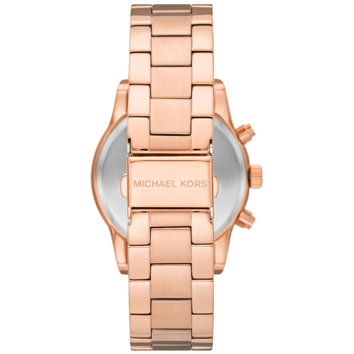 Caseback of Michael Kors Ritz MK7302 women's quartz battery watch showing technical specs pavé dial and rose gold metal bracelet