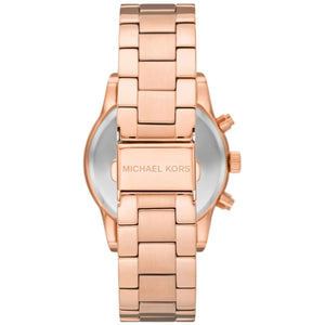Caseback of Michael Kors Ritz MK7302 women's quartz battery watch showing technical specs pavé dial and rose gold metal bracelet