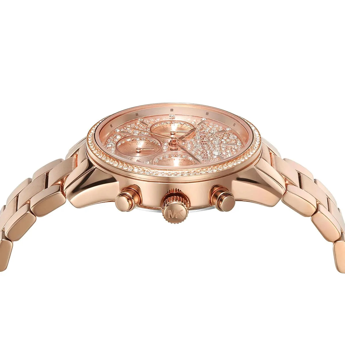 Detailed view of rose gold-tone crown and pushers on Michael Kors Ritz MK7302 women's quartz battery watch with pavé dial