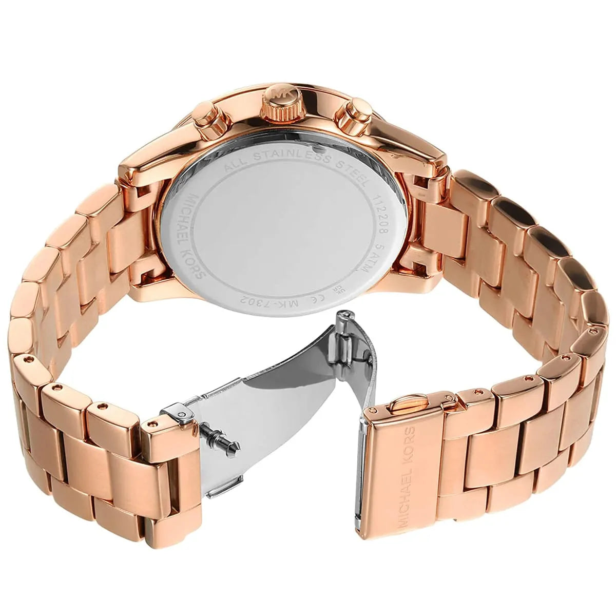 Rose gold-tone deployment clasp on Michael Kors Ritz MK7302 women's quartz battery metal bracelet watch