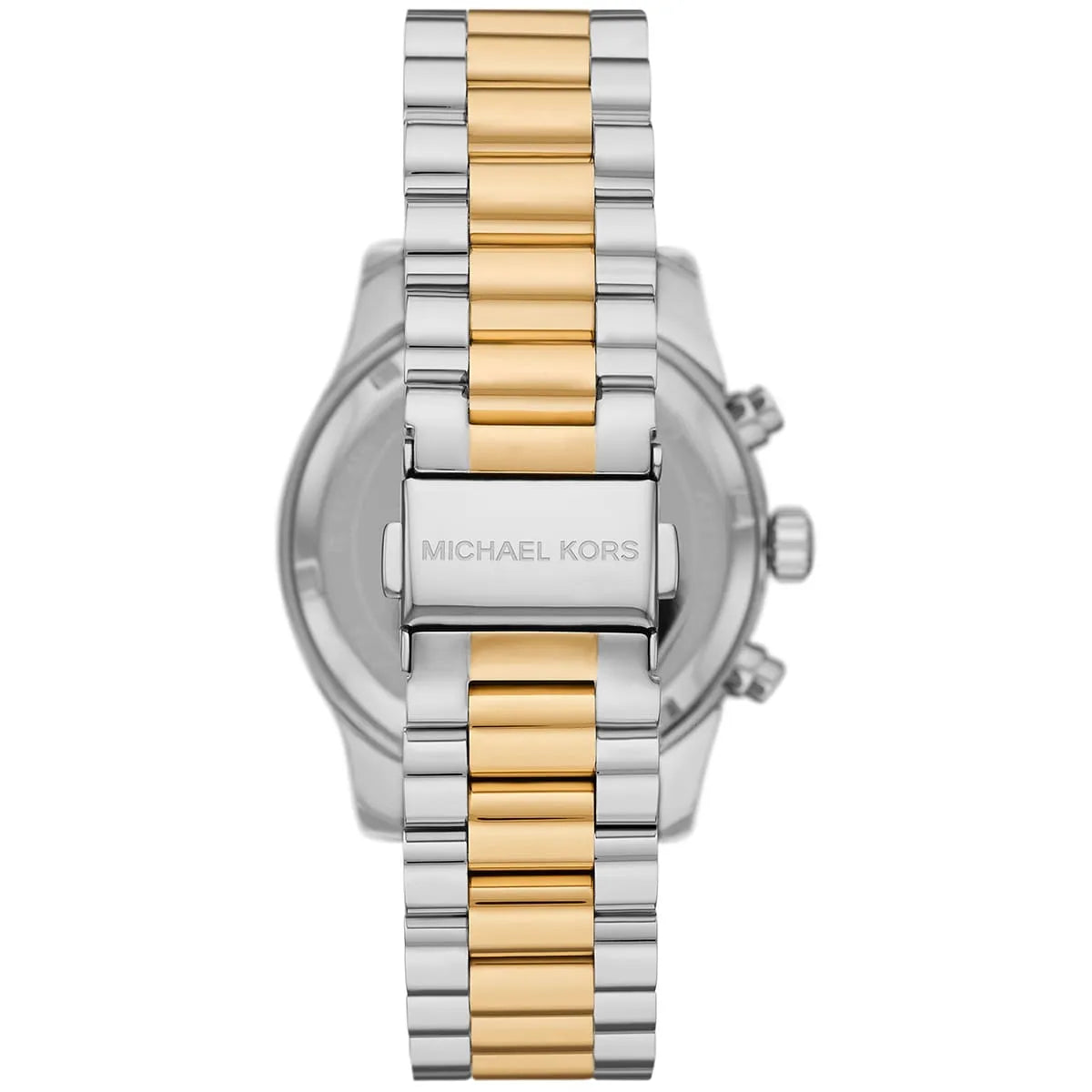 Caseback of Michael Kors Lexington MK7303 women's quartz battery watch showing technical specs green dial and two-tone metal bracelet