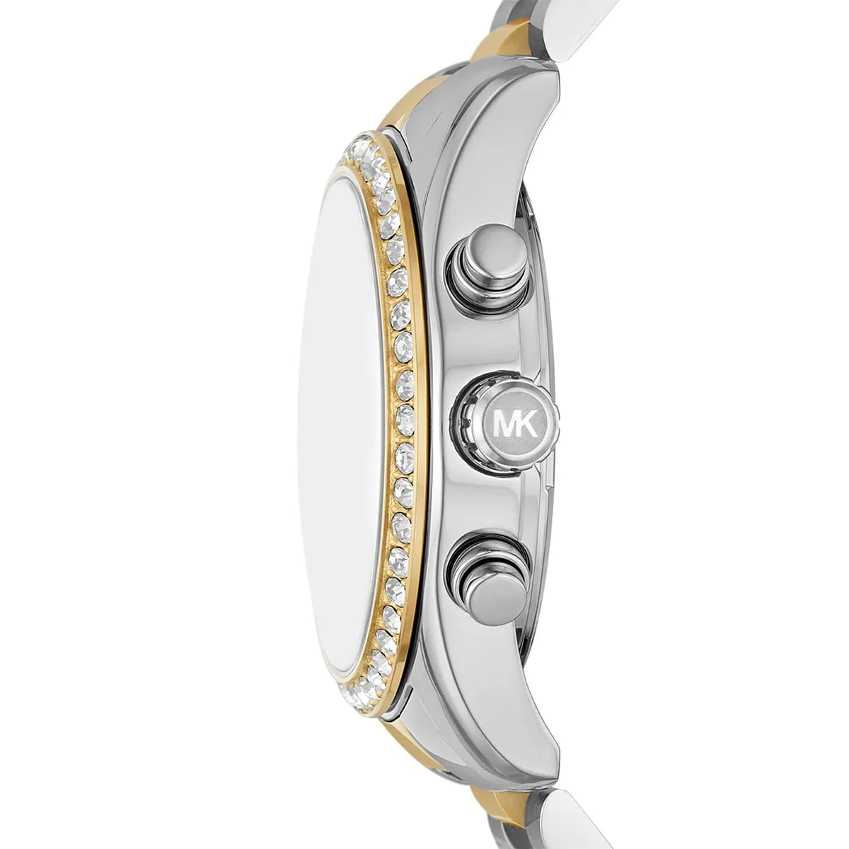 Detailed view of silver-tone crown and pushers on Michael Kors Lexington MK7303 women's quartz battery watch with green dial
