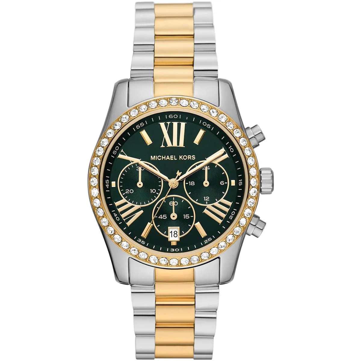 Michael Kors Lexington MK7303 women's quartz battery watch with green dial, crystal-encrusted gold bezel, two-tone silver and gold stainless steel bracelet main view