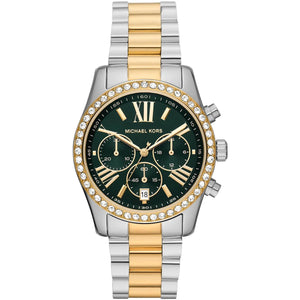 Michael Kors Lexington MK7303 women's quartz battery watch with green dial, crystal-encrusted gold bezel, two-tone silver and gold stainless steel bracelet main view