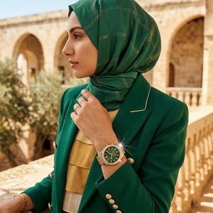 Close up of Michael Kors Lexington MK7303 women's quartz battery watch on wrist showing deep green dial and brilliant crystal bezel