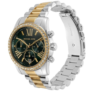 Right angled view of Michael Kors Lexington MK7303 women's quartz battery watch highlighting gold bezel and green dial chronograph details