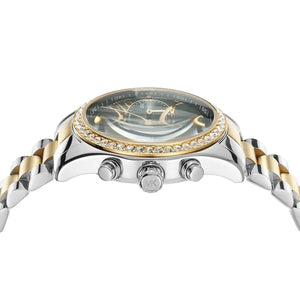 Detailed view of silver-tone crown and pushers on Michael Kors Lexington MK7303 women's quartz battery watch with green dial