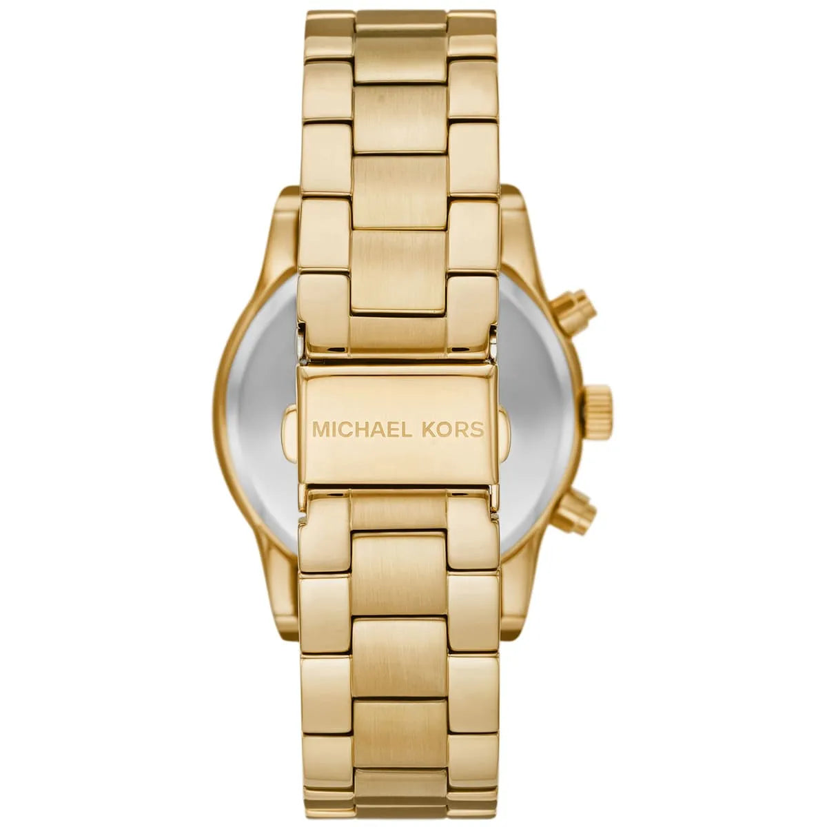 Caseback of Michael Kors Parker MK7310 women's quartz battery watch showing technical specs pavé dial and gold metal bracelet