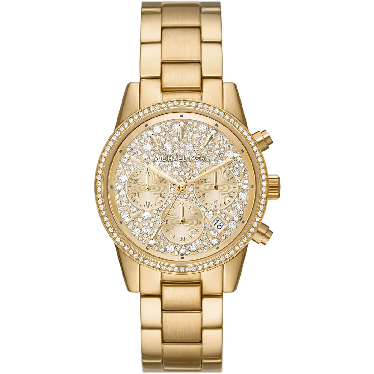 Michael Kors Parker MK7310 women's quartz battery watch with full pavé crystal dial, gold-tone case, gold stainless steel bracelet main view