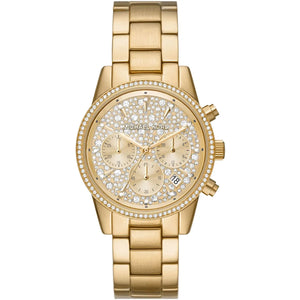 Michael Kors Parker MK7310 women's quartz battery watch with full pavé crystal dial, gold-tone case, gold stainless steel bracelet main view
