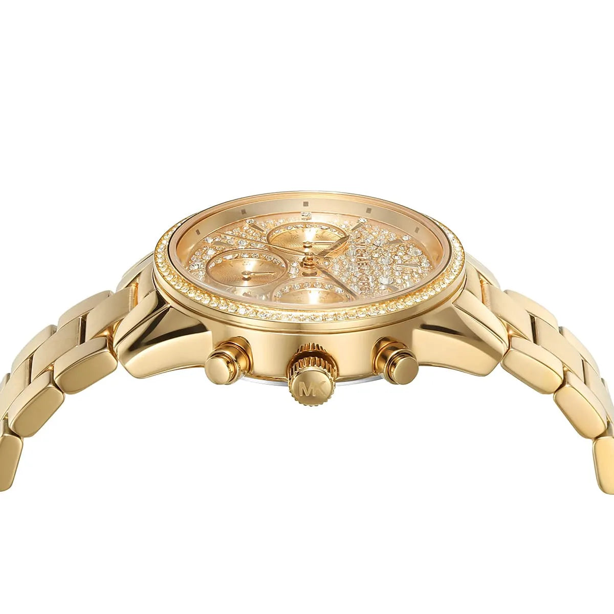 Side profile of Michael Kors Parker MK7310 women's quartz battery watch showing 11mm thickness and gold finish
