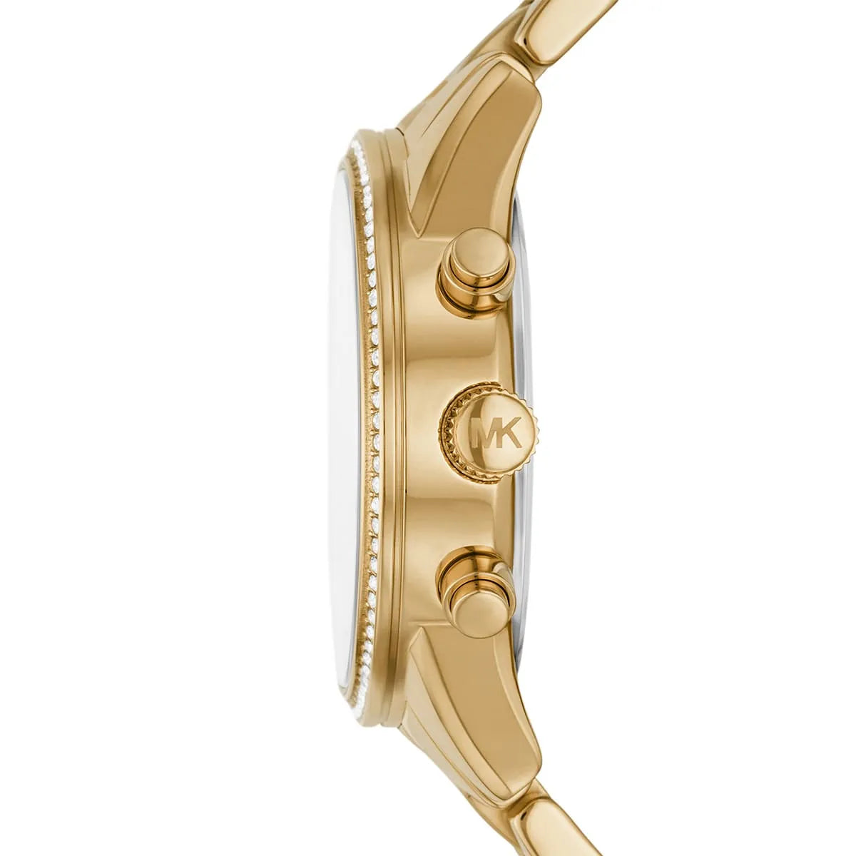 Side profile of Michael Kors Parker MK7310 women's quartz battery watch showing 11mm thickness and gold finish