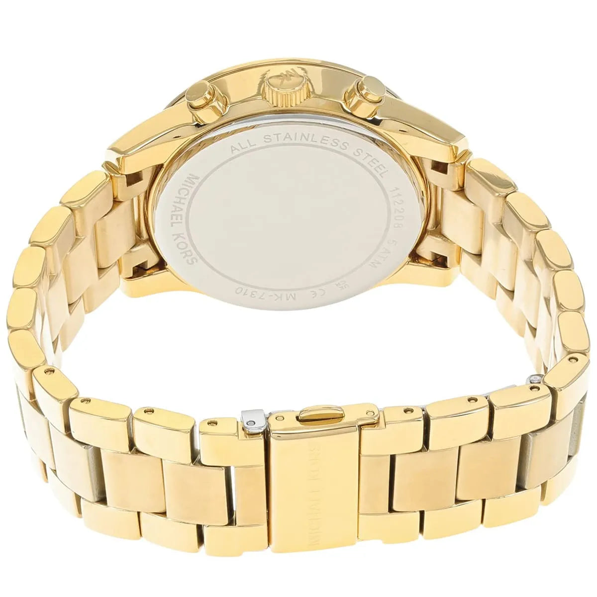 Caseback of Michael Kors Parker MK7310 women's quartz battery watch showing technical specs pavé dial and gold metal bracelet