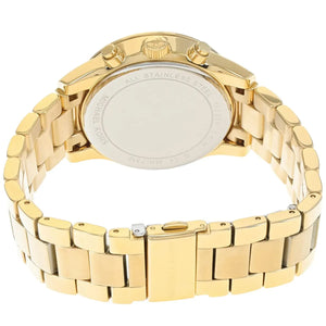 Caseback of Michael Kors Parker MK7310 women's quartz battery watch showing technical specs pavé dial and gold metal bracelet