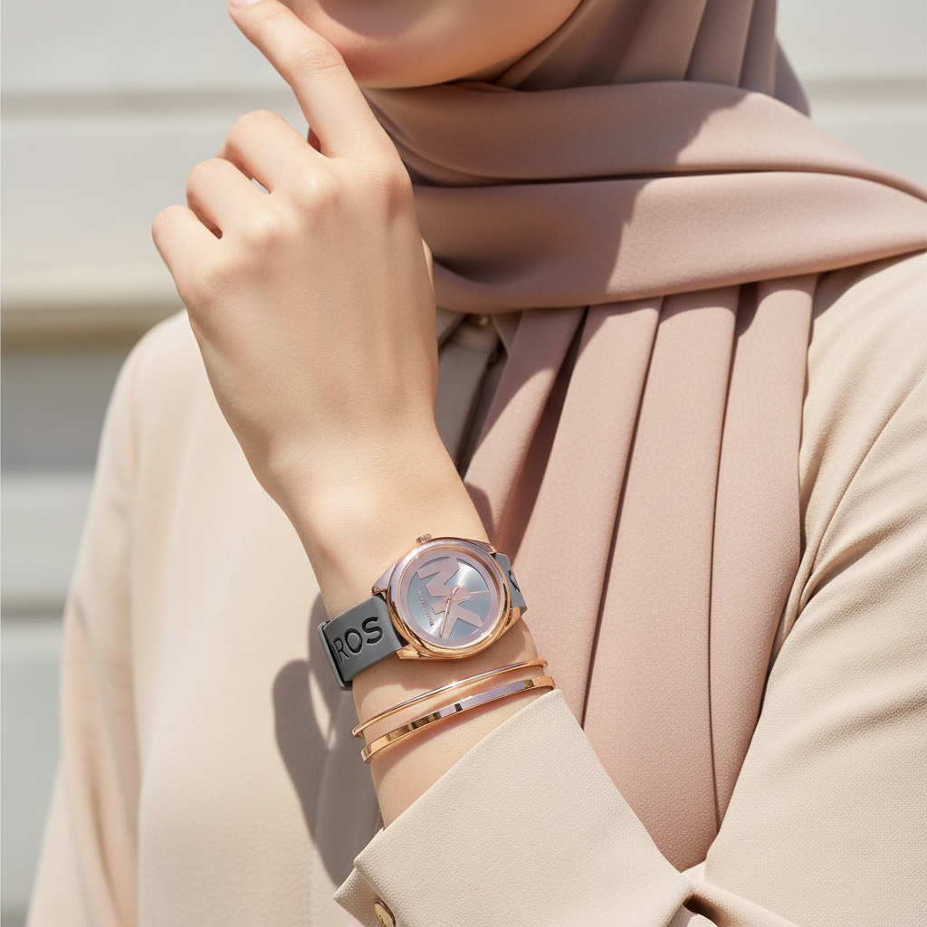 ساعة مايكل كورس MK7314 جانيل روز جولد بسير سيليكون رمادي على معصم محجبة