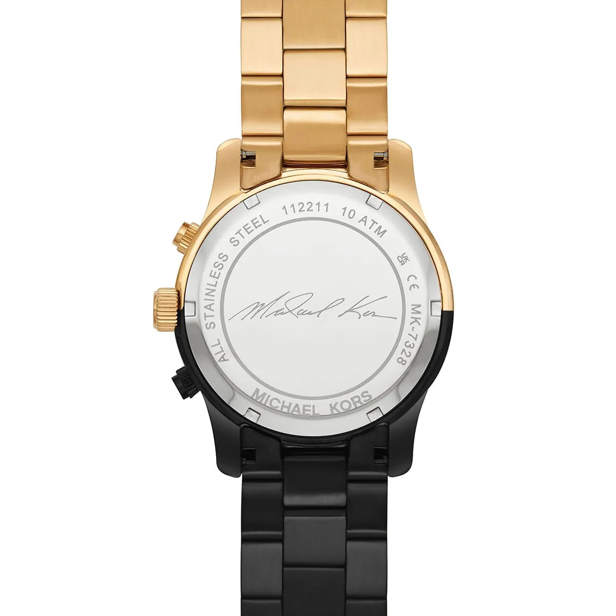 Michael Kors Runway MK7328 women's chronograph watch - black dial black and gold steel strap