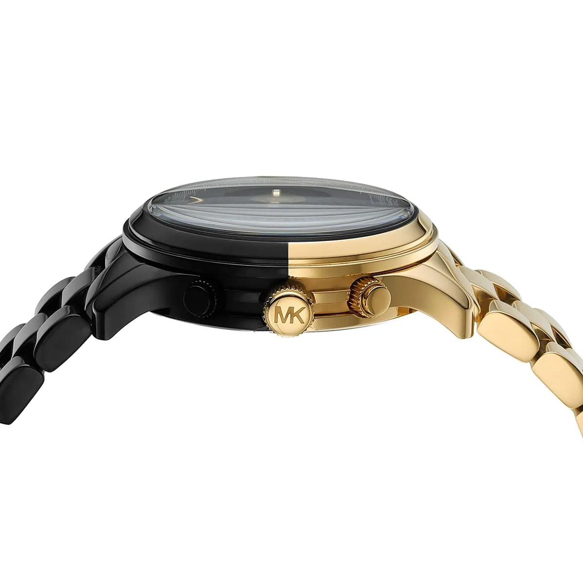 Michael Kors Runway MK7328 women's chronograph watch - black dial black and gold steel strap