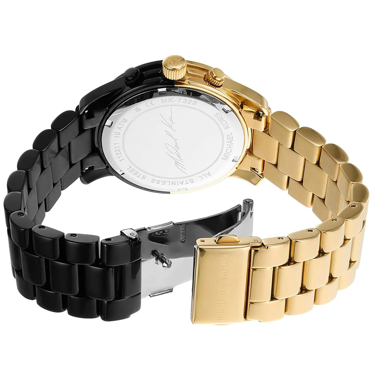 Michael Kors Runway MK7328 women's chronograph watch - black dial black and gold steel strap