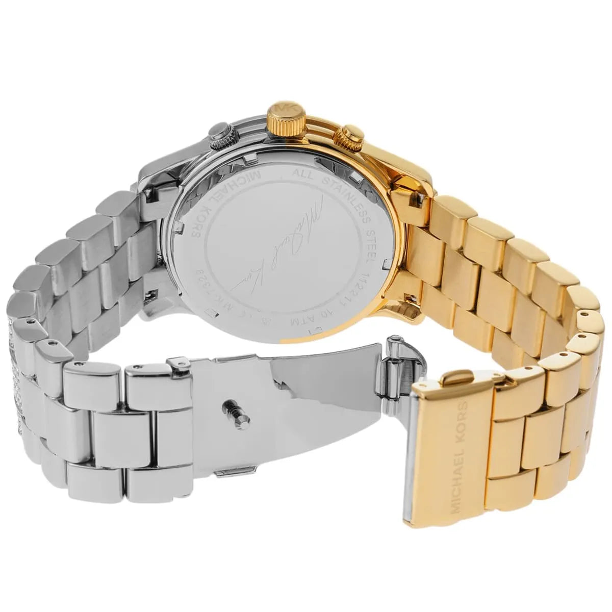 Gold-tone deployment clasp on Michael Kors Runway MK7329 two-tone metal bracelet watch water resistant 50m