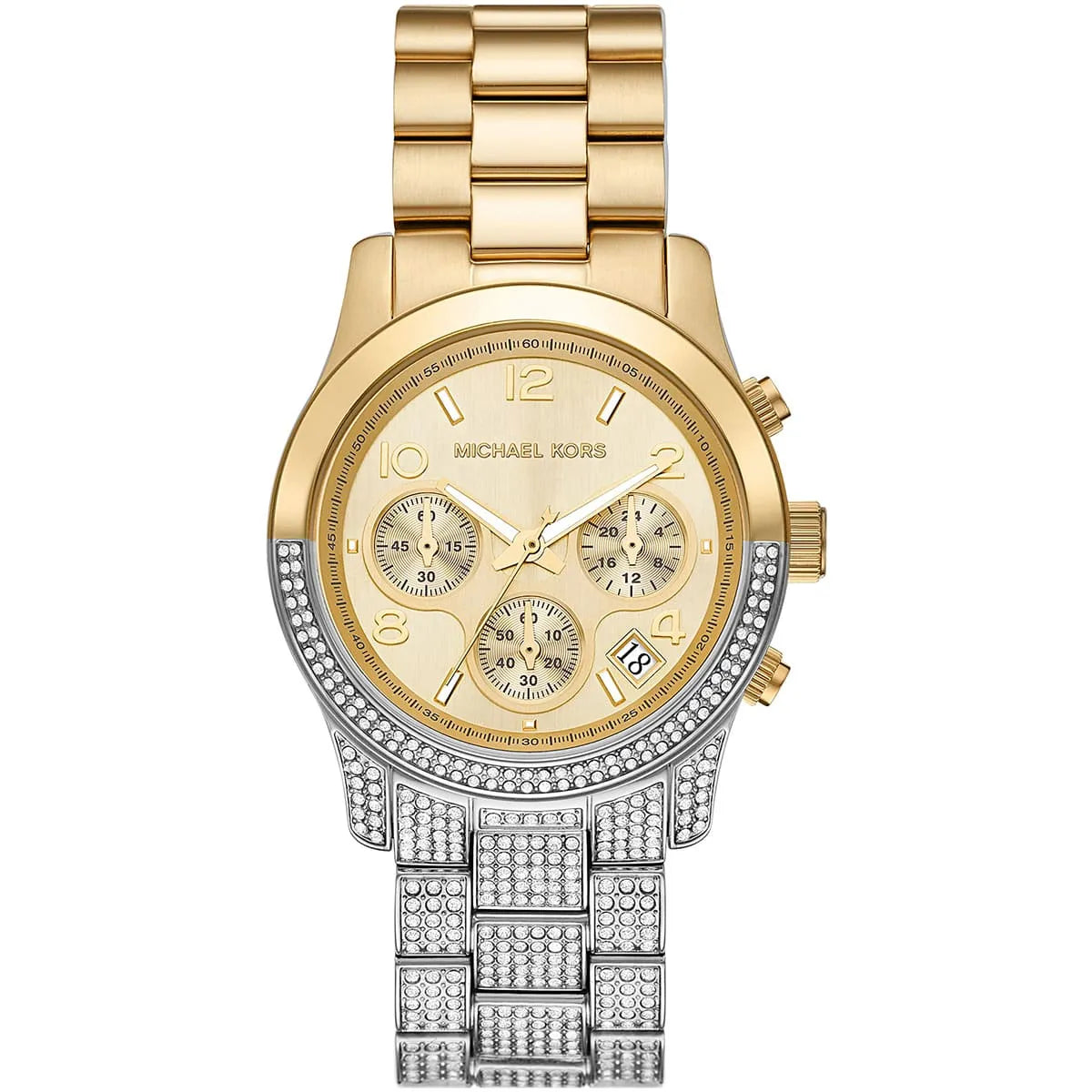 Michael Kors Runway MK7329 women's watch with gold dial, crystal pavé bezel and lugs, two-tone silver and gold stainless steel bracelet main view