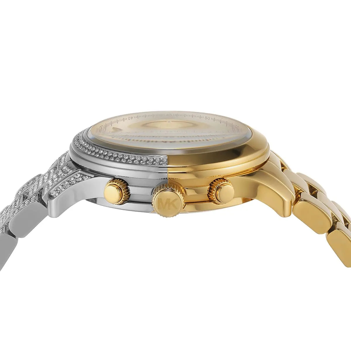 Side profile of Michael Kors Runway MK7329 showing 10mm thickness and gold finish with 50m water resistance