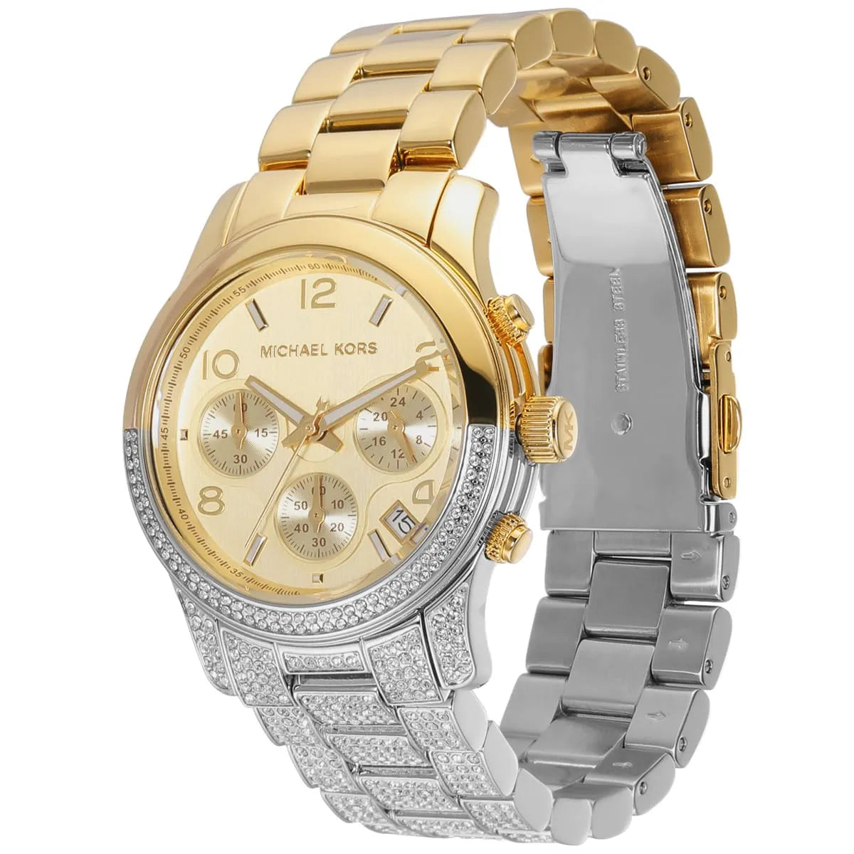 Left angled view of Michael Kors Runway MK7329 showing two-tone stainless steel bracelet and crystal set lugs profile