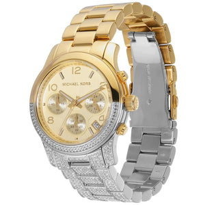 Left angled view of Michael Kors Runway MK7329 showing two-tone stainless steel bracelet and crystal set lugs profile