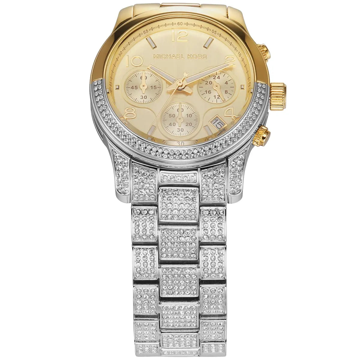 Side profile of Michael Kors Runway MK7329 showing 10mm thickness and gold finish with 50m water resistance