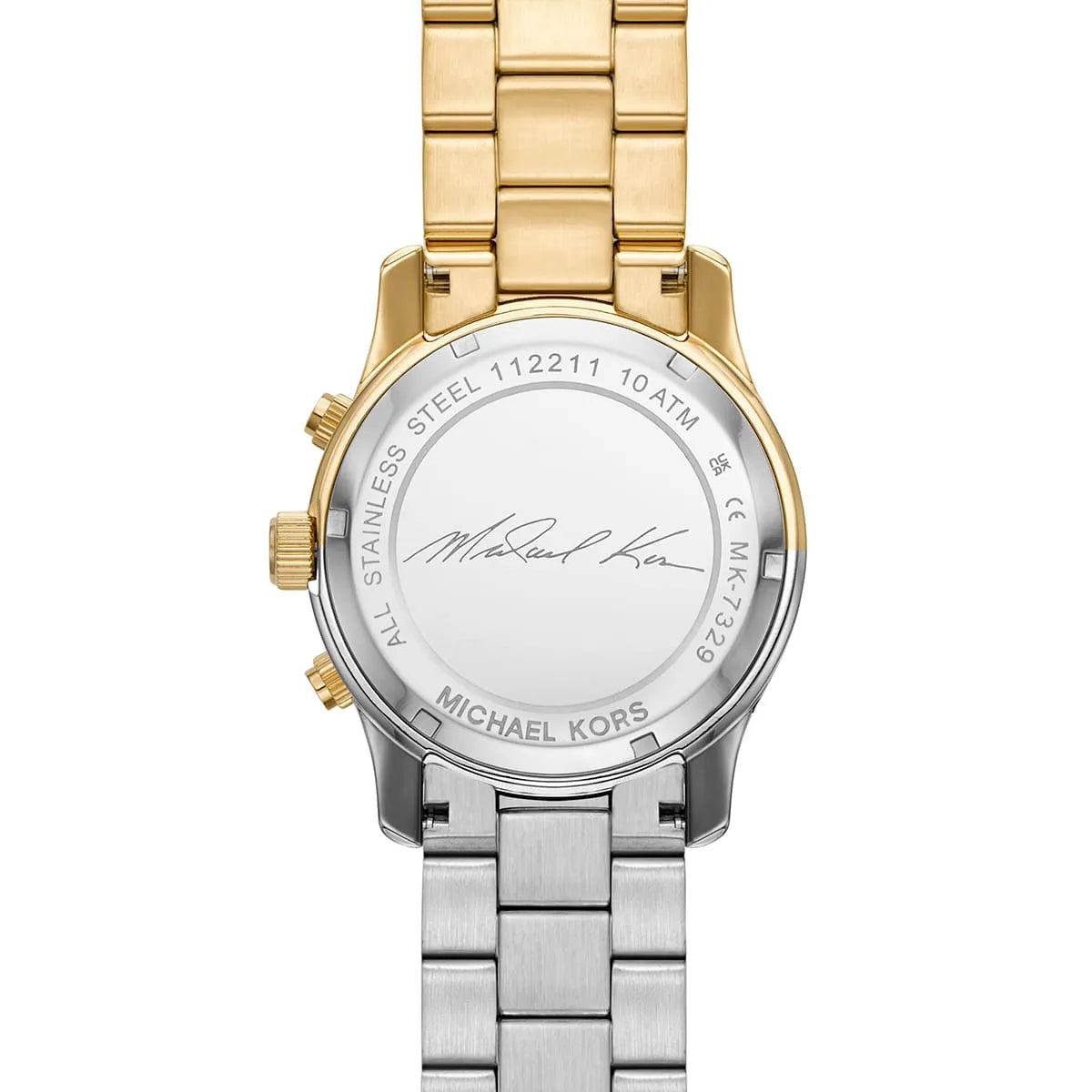 Caseback of Michael Kors Runway MK7329 showing technical specs gold dial and two-tone metal bracelet