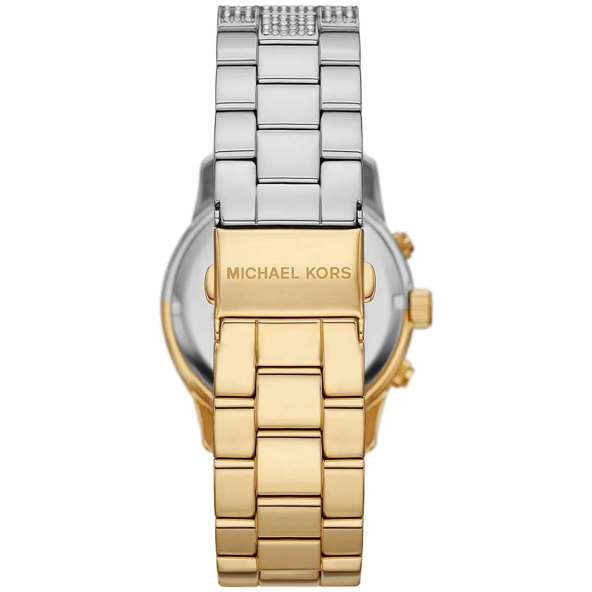 Caseback of Michael Kors Runway MK7329 showing technical specs gold dial and two-tone metal bracelet