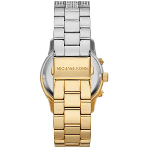 Caseback of Michael Kors Runway MK7329 showing technical specs gold dial and two-tone metal bracelet
