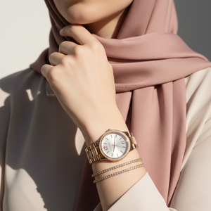 ساعة مايكل كورس MK7362 لينوكس روز جولد بالكريستال فخمة على معصم محجبة