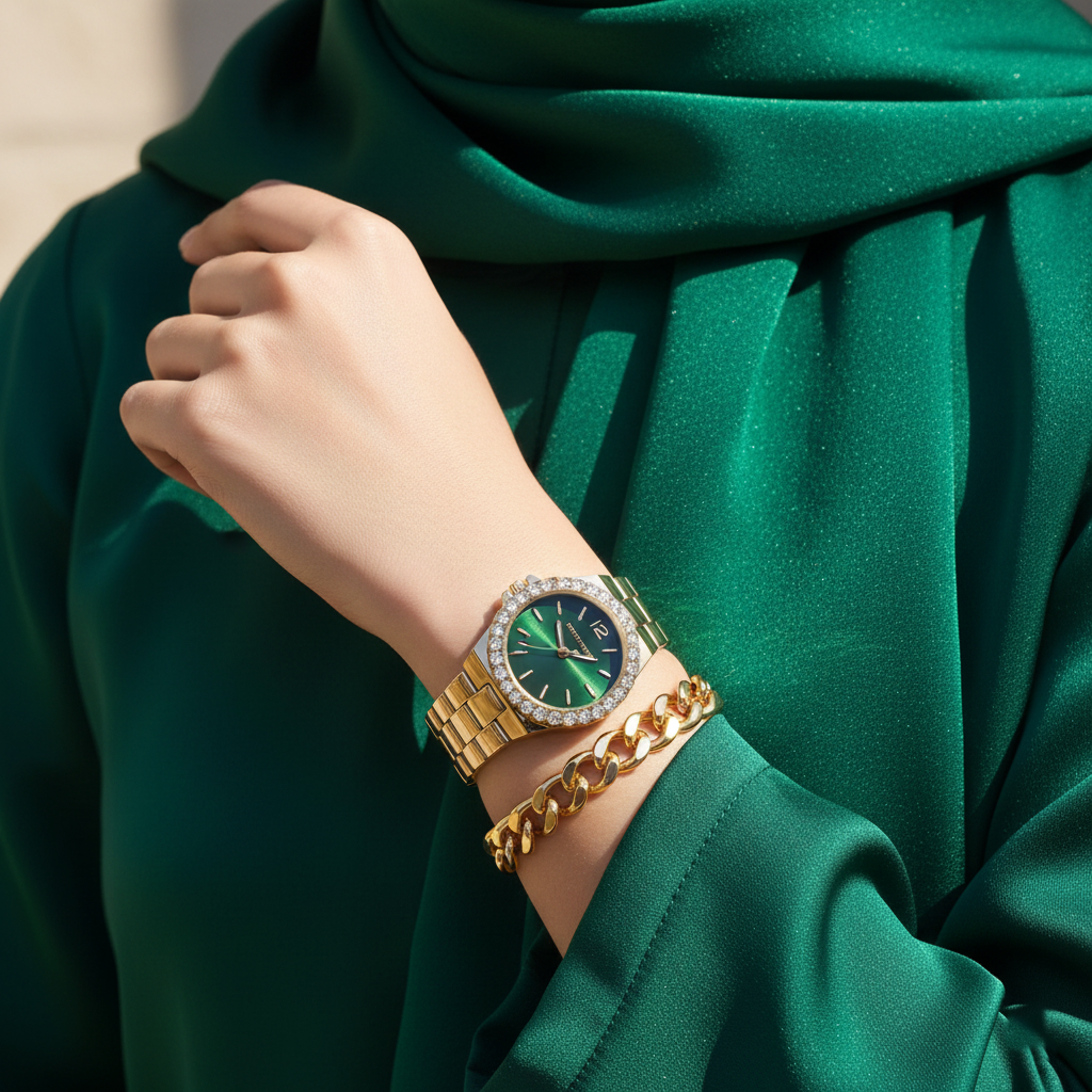 ساعة مايكل كورس MK7395 لينوكس ذهبي بمينا أخضر فخمة على معصم محجبة