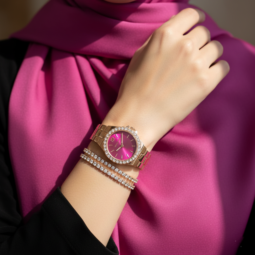 ساعة مايكل كورس MK7396 لينوكس روز جولد بمينا فوشيا فخمة على معصم محجبة
