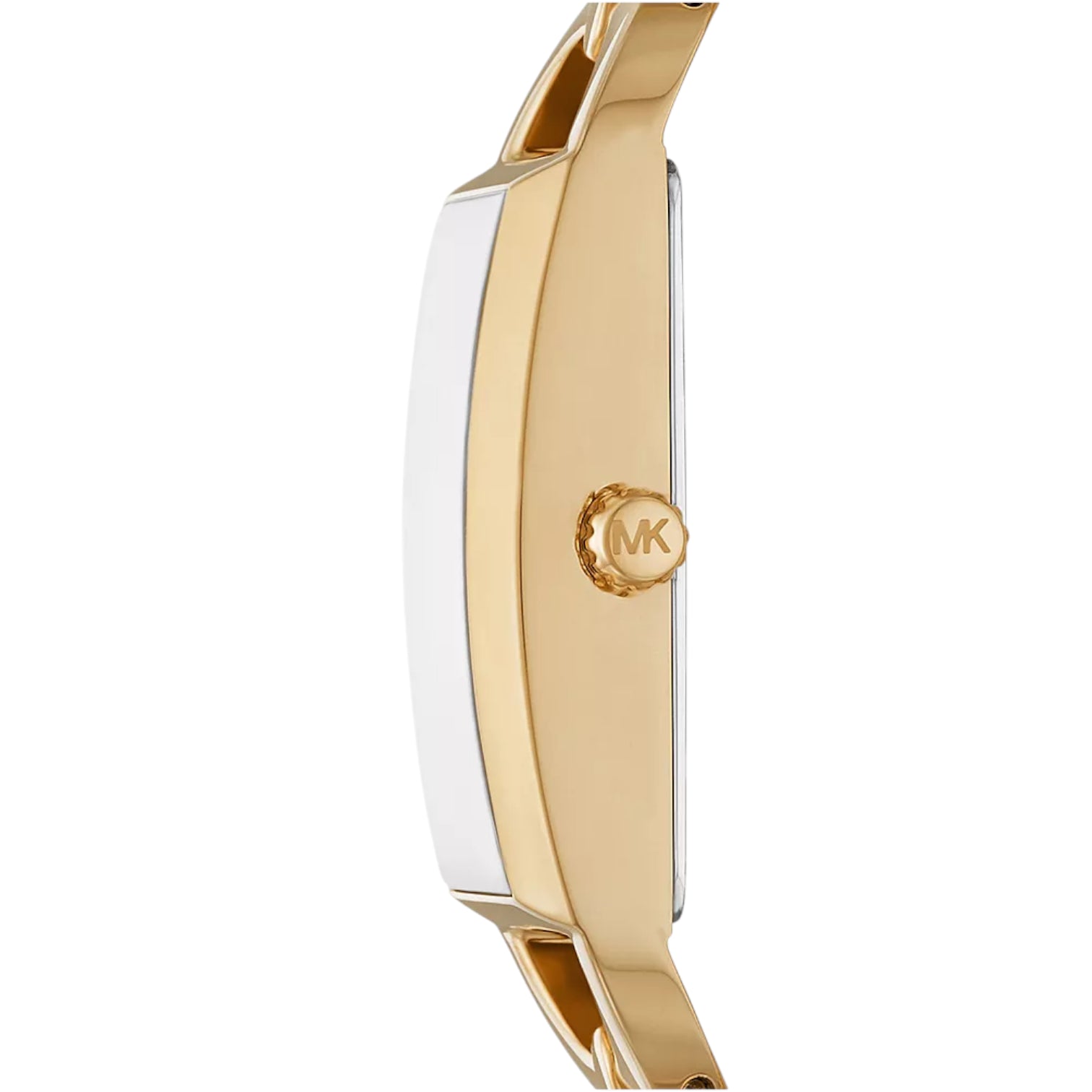 Angled real-life photo of Michael Kors MK7406 showing the polished gold links and MK dial detail