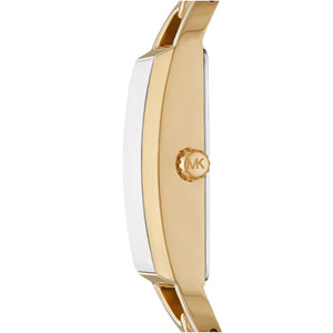Angled real-life photo of Michael Kors MK7406 showing the polished gold links and MK dial detail